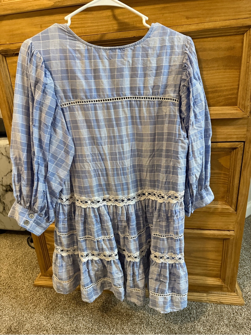 Free People Light Blue Plaid V-Neck Tunic with Lace Trim - Picture 2 of 5